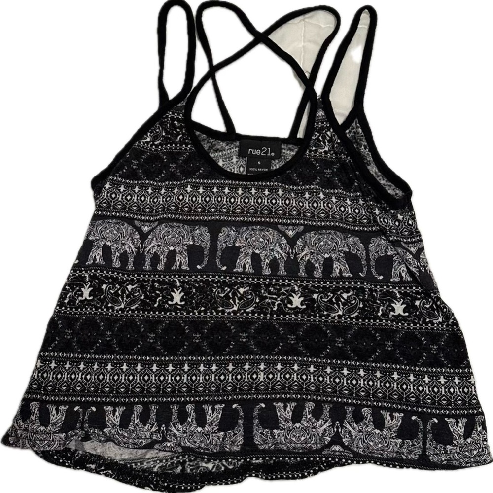 Rue 21 Black and White Elephant Print Criss-Cross Back Tank Top (Size S)